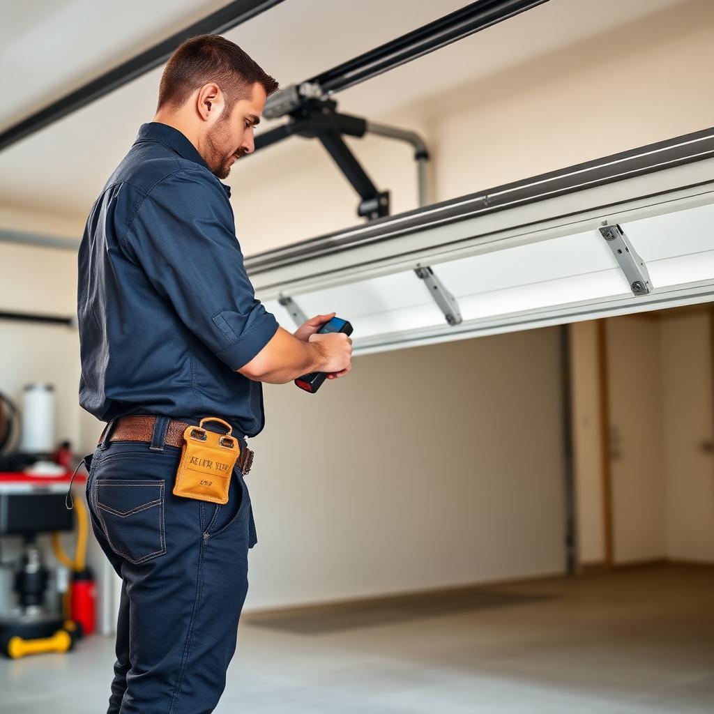 Professional garage door technician performing balance testing